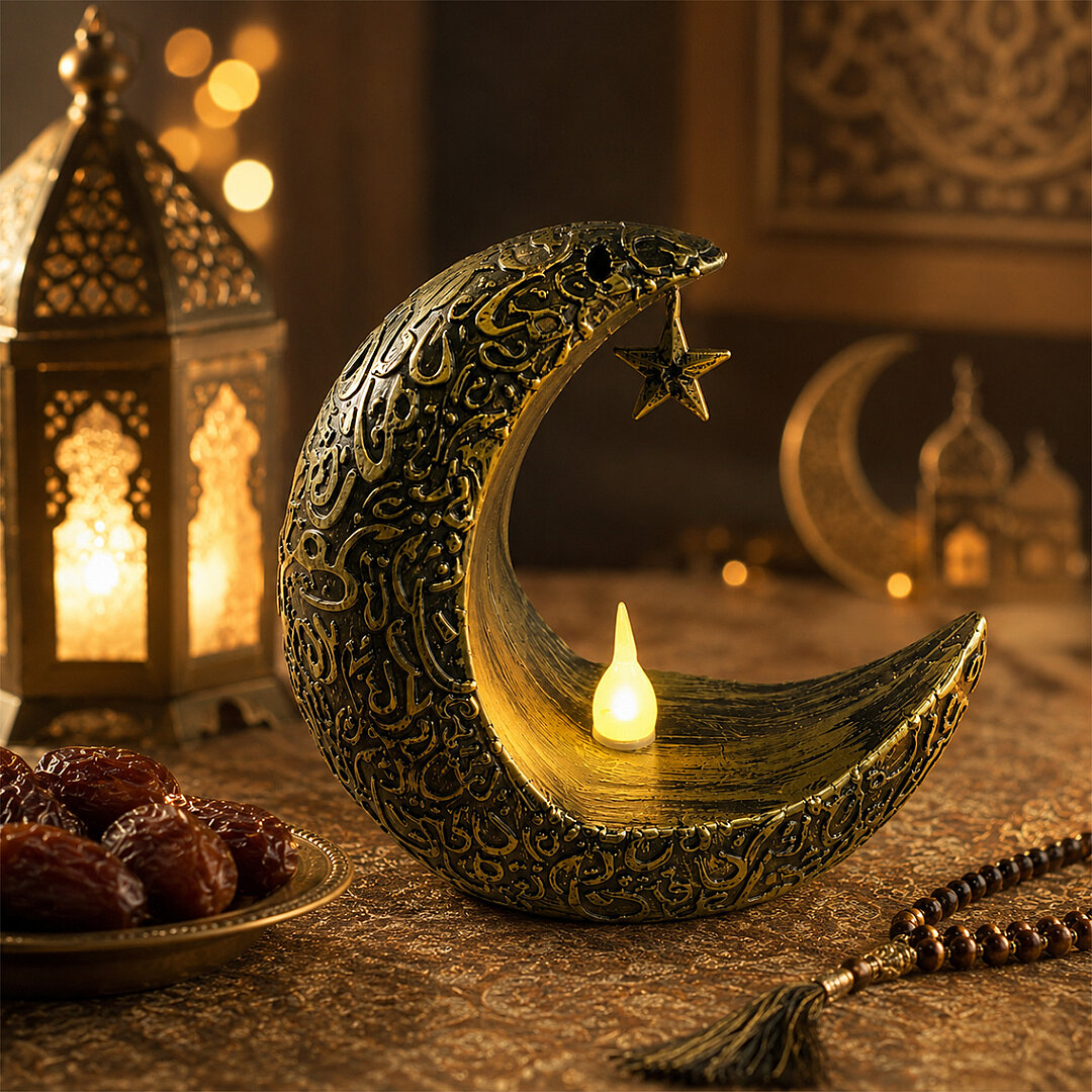 Ramazan Temalı Ay Şeklinde Masa Süsü Gold 10x10 cm 
