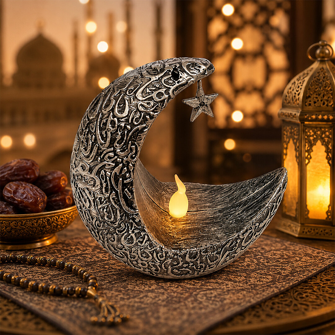 Ramazan Temalı Ay Şeklinde Masa Süsü Gümüş 10x10 cm 