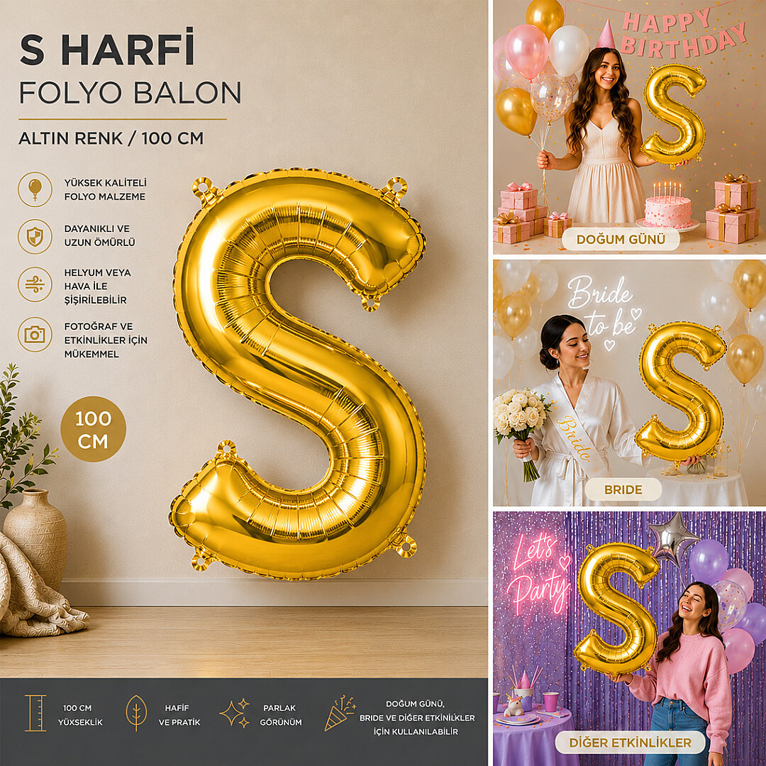 S Harfi Folyo Balon Altın Rengi (100 cm) - Beysüs (1)