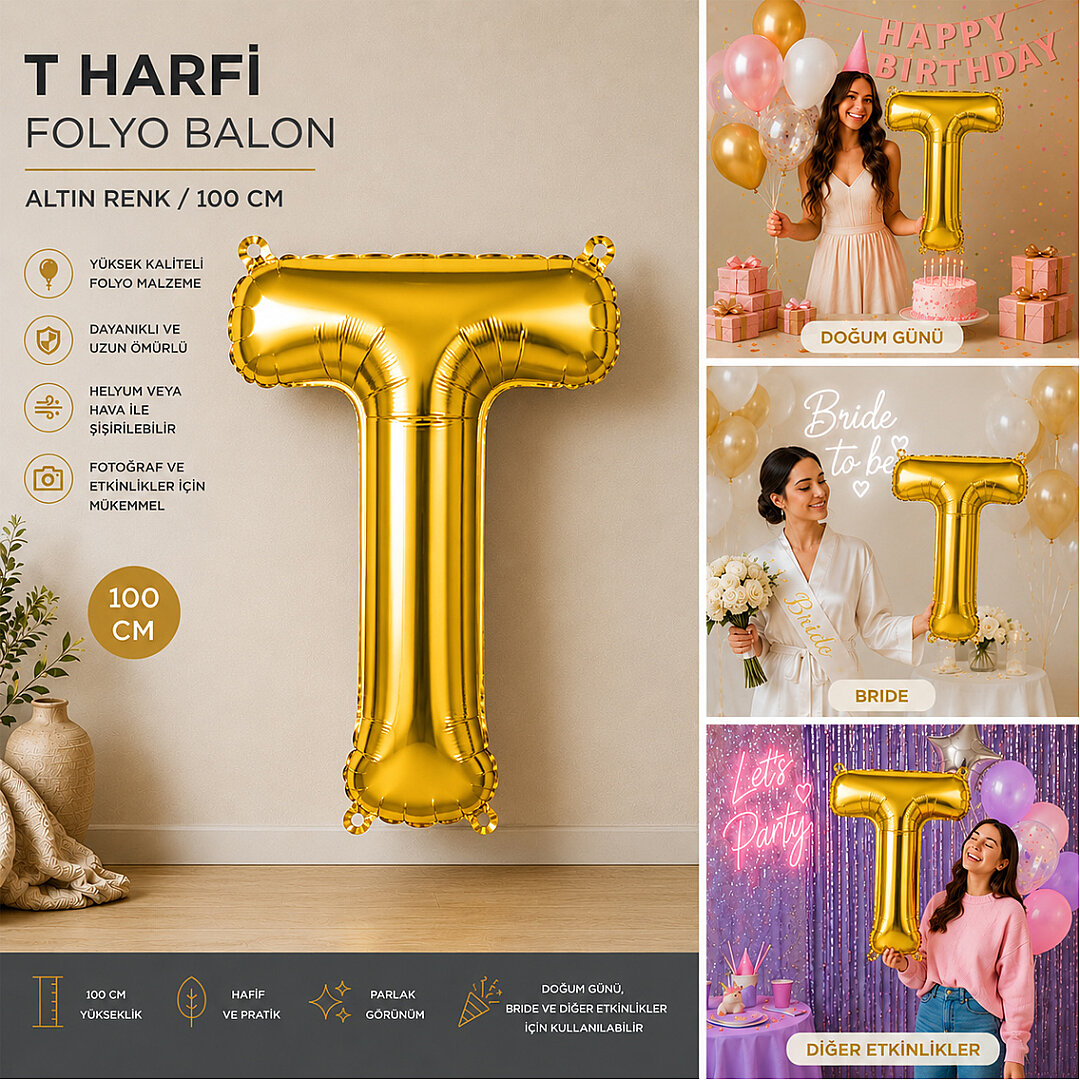 T Harfi Folyo Balon Altın Rengi (100 cm) - Beysüs (1)