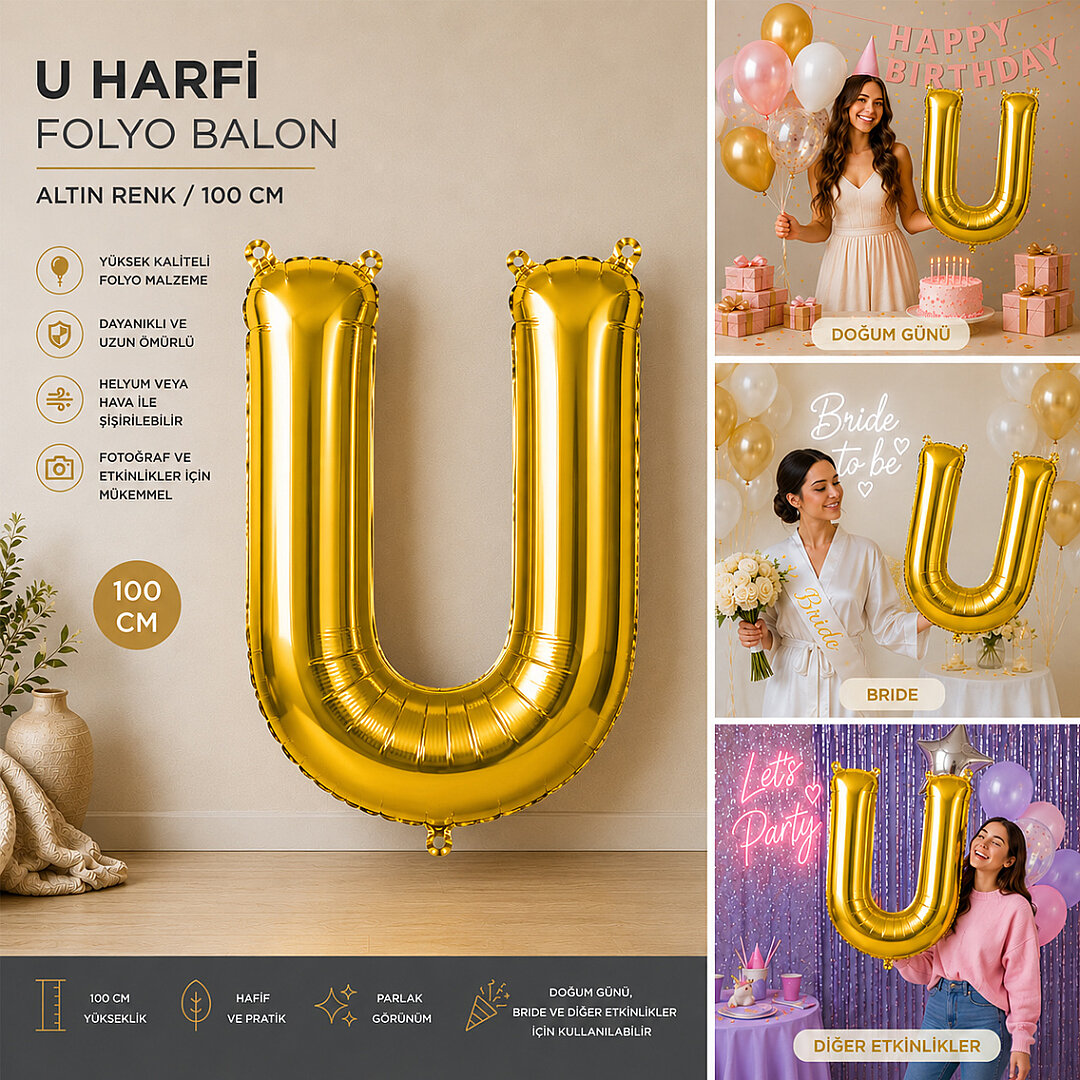 U Harfi Folyo Balon Altın Rengi (100 cm) - Beysüs (1)