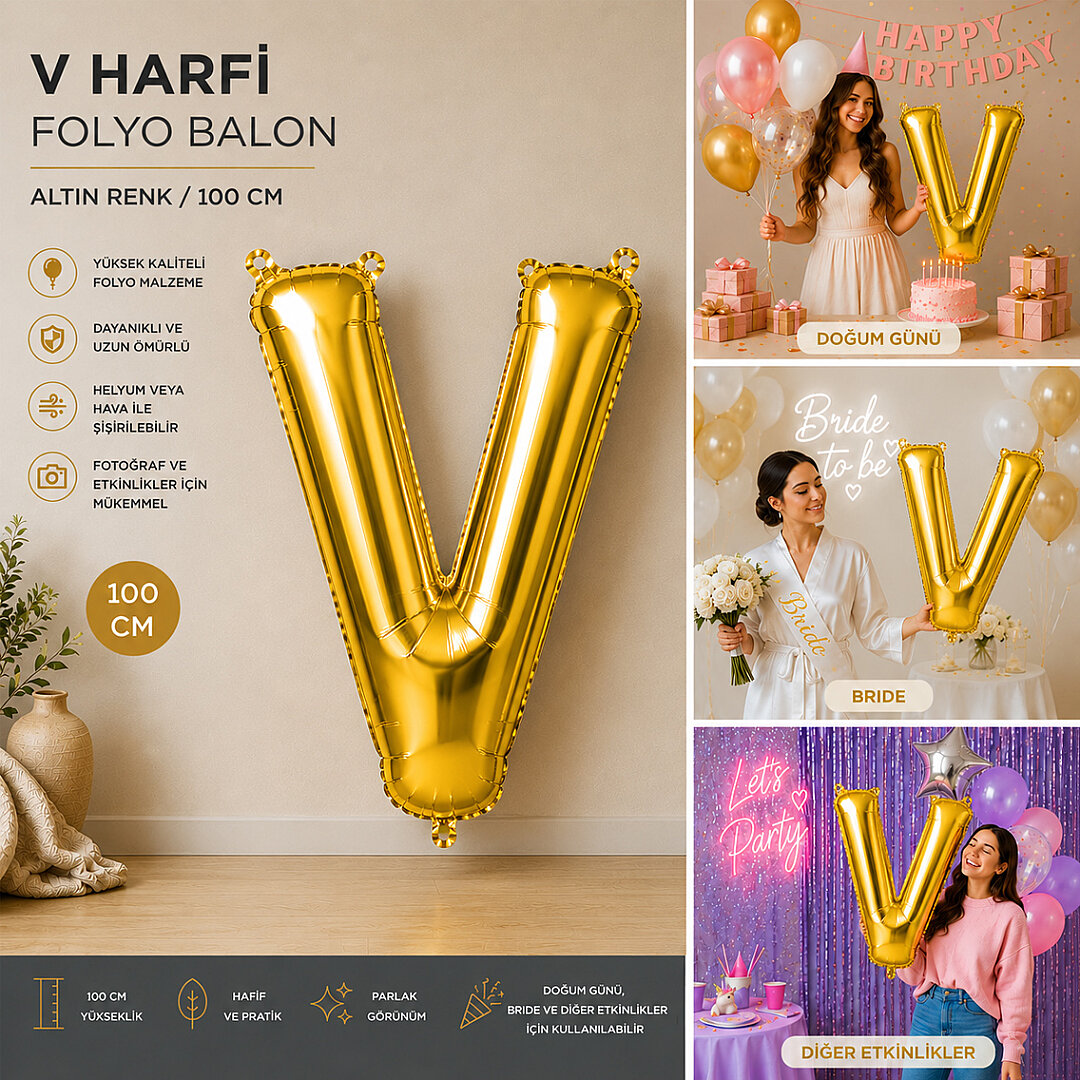 V Harfi Folyo Balon Altın Rengi (100 cm) - Beysüs (1)