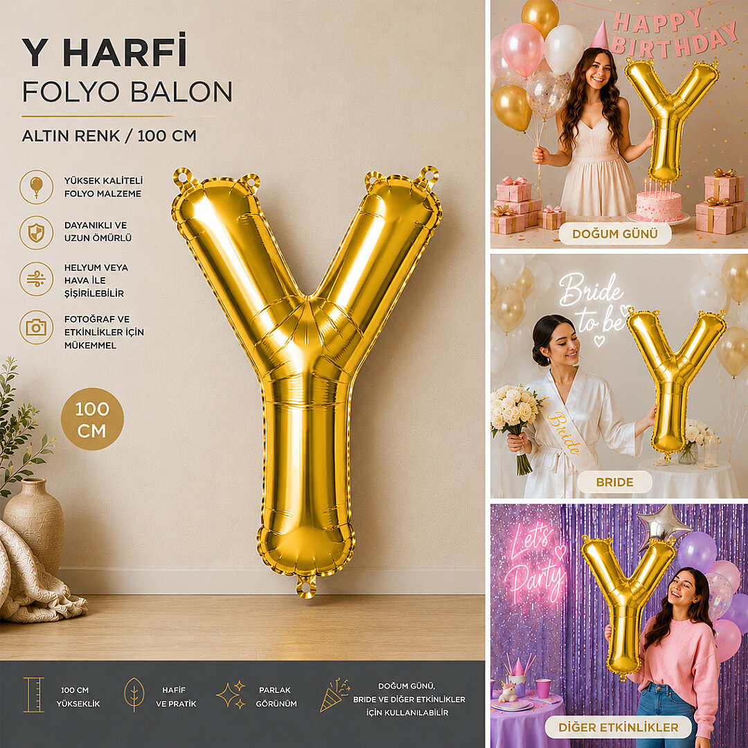Y Harfi Folyo Balon Altın Rengi (100 cm) - Beysüs (1)