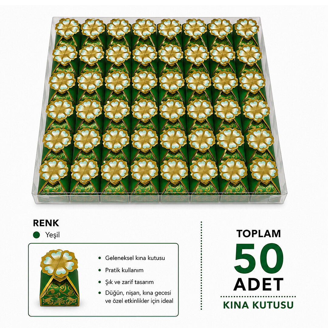 Yeşil Renk Kalp Desenli Kına 50 Adet 