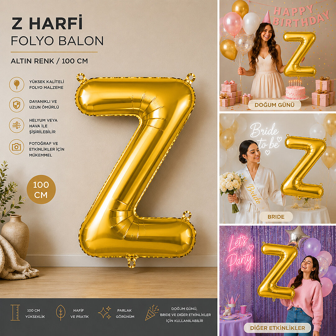 Z Harfi Folyo Balon Altın Rengi (100 cm) - Beysüs (1)